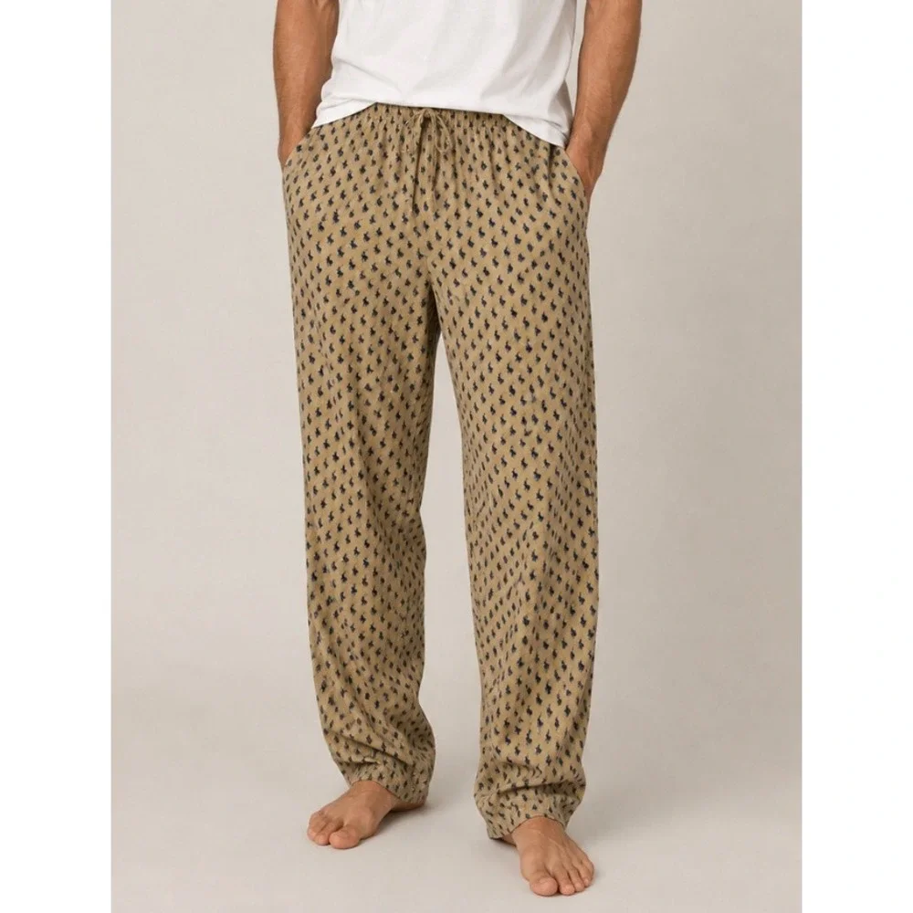 Polo Ralph Lauren Mens Pajama Pants Tan Navy Blue Pony All Over Print Cotton L
